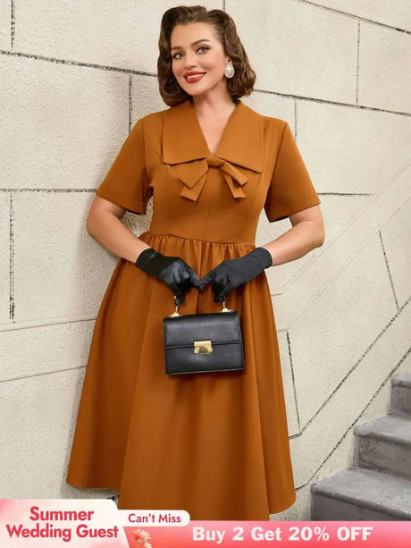 AOMEIDRESS Vintage Turn Down Collar Bow Tie A Line Midi Dress
