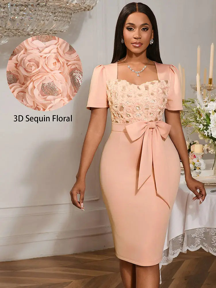 AOMEIDRESS Wedding Guest Dress Package Hip Bow 3D Rose Sequin Gowns