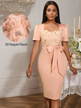 AOMEIDRESS Wedding Guest Dress Package Hip Bow 3D Rose Sequin Gowns