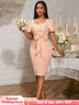 AOMEIDRESS Wedding Guest Dress Package Hip Bow 3D Rose Sequin Gowns Pink / S