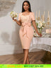 AOMEIDRESS Wedding Guest Dress Package Hip Bow 3D Rose Sequin Gowns Pink / S
