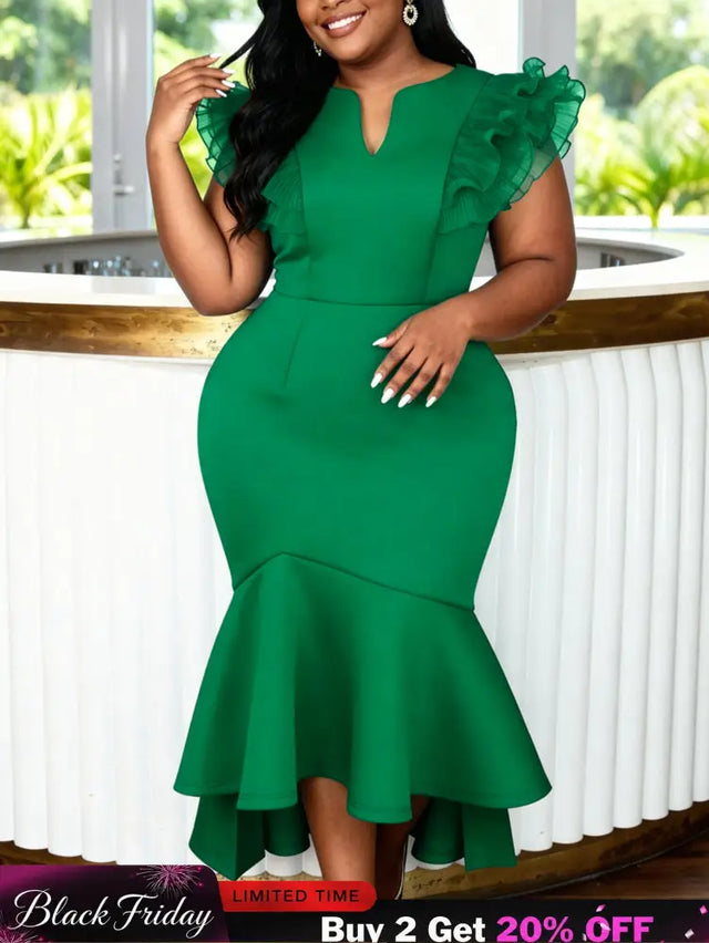 AOMEIDRESS Wedding Guest Dresses V Neck Short Tierred Ruffles Sleeve - Green / S