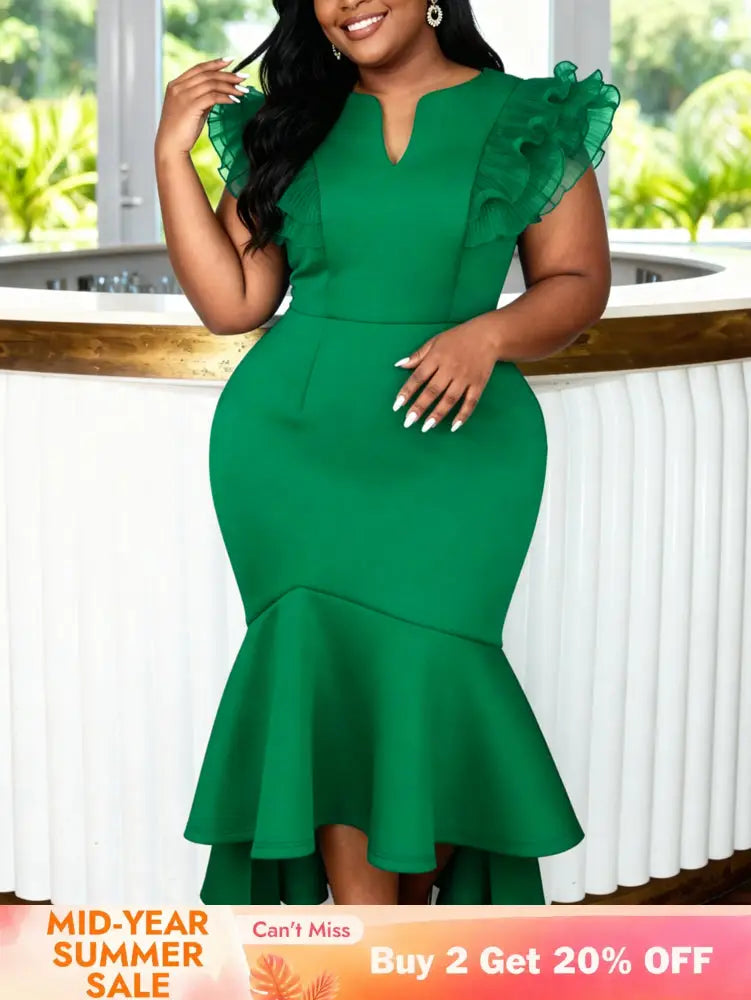 AOMEIDRESS Wedding Guest Dresses V Neck Short Tierred Ruffles Sleeve - Green / S