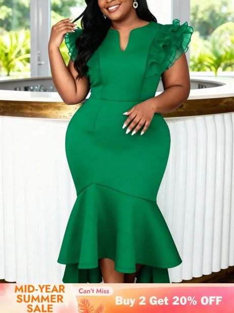 AOMEIDRESS Wedding Guest Dresses V Neck Short Tierred Ruffles Sleeve - Green / S