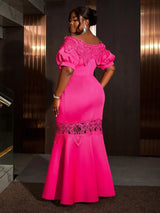 AOMEIDRESS Wedding Guest mermaid Dresses Puff Sleeve Patchwork Lace