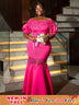 AOMEIDRESS Wedding Guest mermaid Dresses Puff Sleeve Patchwork Lace Rose / S