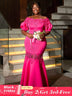 AOMEIDRESS Wedding Guest mermaid Dresses Puff Sleeve Patchwork Lace Rose / S