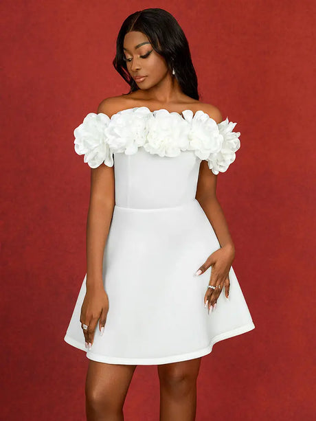 AOMEIDRESS Wedding Guest Mini A Line Dresses Off Shoulder 3D floral