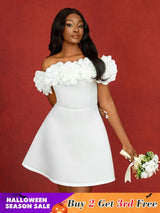 AOMEIDRESS Wedding Guest Mini A Line Dresses Off Shoulder 3D floral White / S
