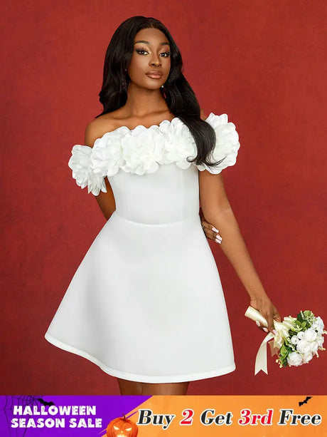 AOMEIDRESS Wedding Guest Mini A Line Dresses Off Shoulder 3D floral White / S