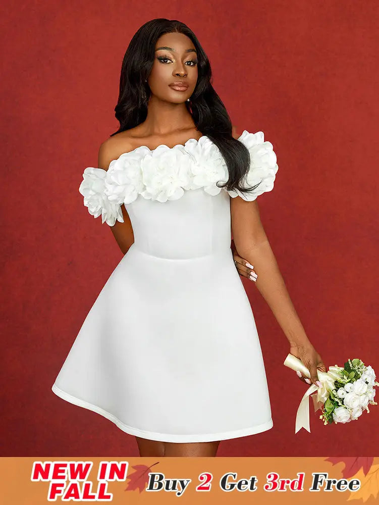 AOMEIDRESS Wedding Guest Mini A Line Dresses Off Shoulder 3D floral White / S