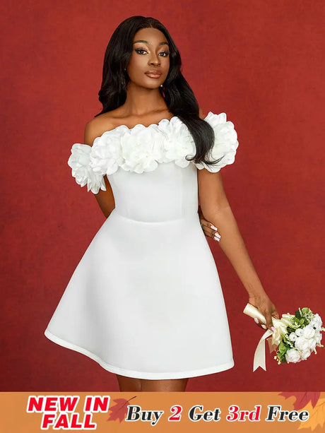 AOMEIDRESS Wedding Guest Mini A Line Dresses Off Shoulder 3D floral White / S