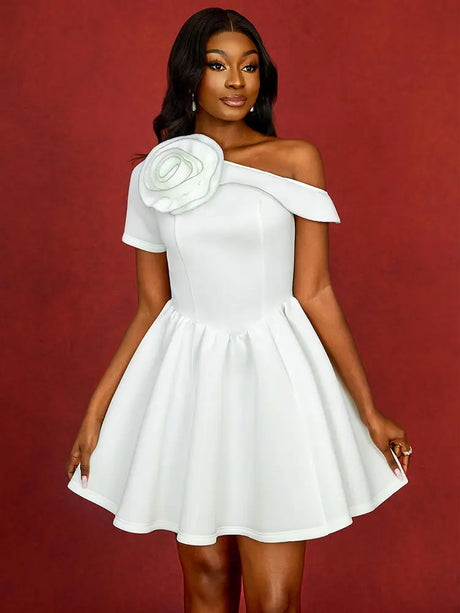 AOMEIDRESS Wedding Guest Mini A Line Dresses One Shoulder 3D floral