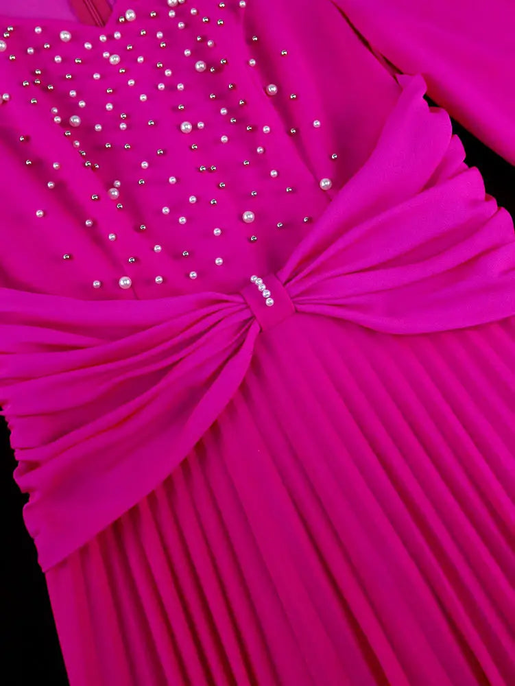 AOMEIDRESS Wedding Guests Dresses Long Sleeve Pleated Beading Outfits