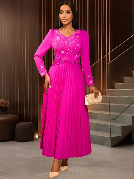 AOMEIDRESS Wedding Guests Dresses Long Sleeve Pleated Beading Outfits