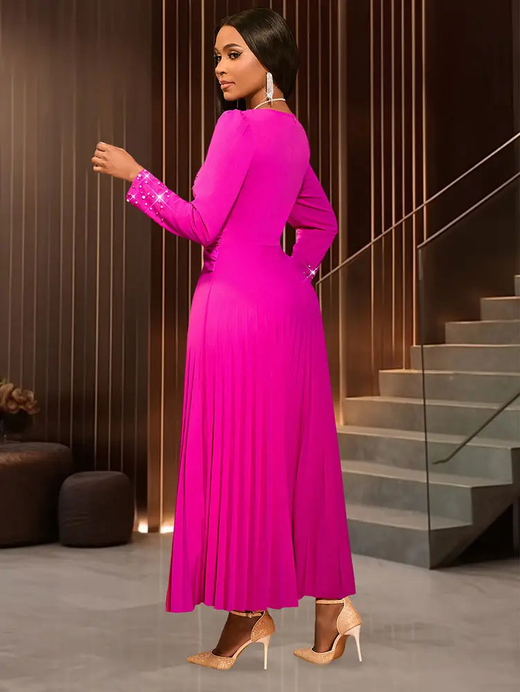 AOMEIDRESS Wedding Guests Dresses Long Sleeve Pleated Beading Outfits