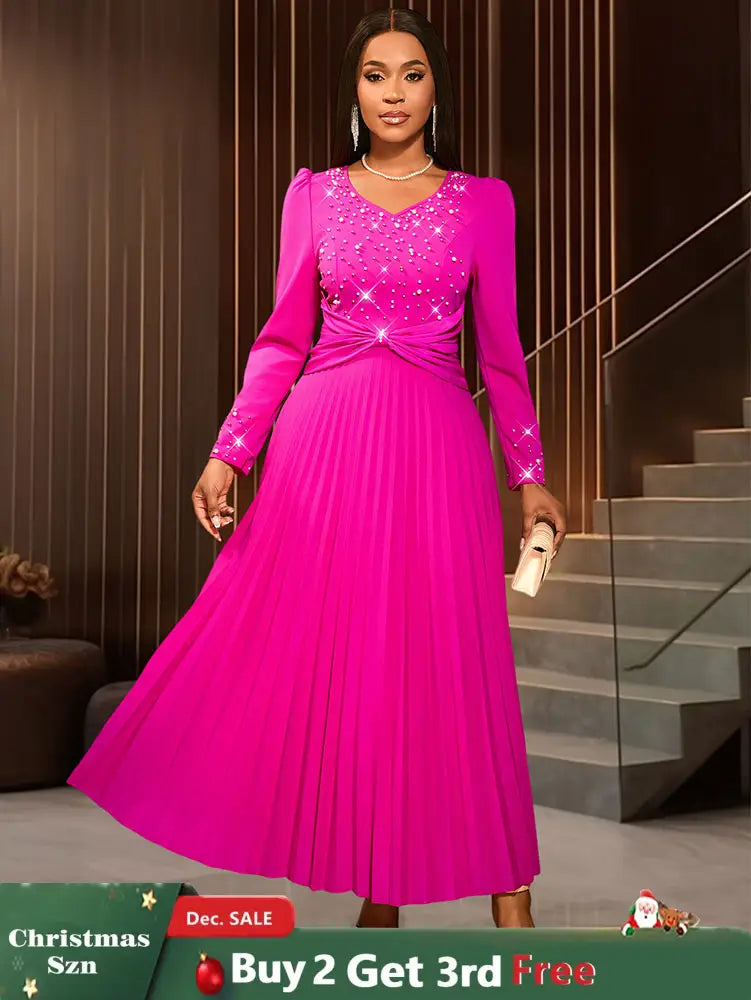 AOMEIDRESS Wedding Guests Dresses Long Sleeve Pleated Beading Outfits Pink / S