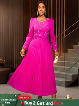 AOMEIDRESS Wedding Guests Dresses Long Sleeve Pleated Beading Outfits Pink / S