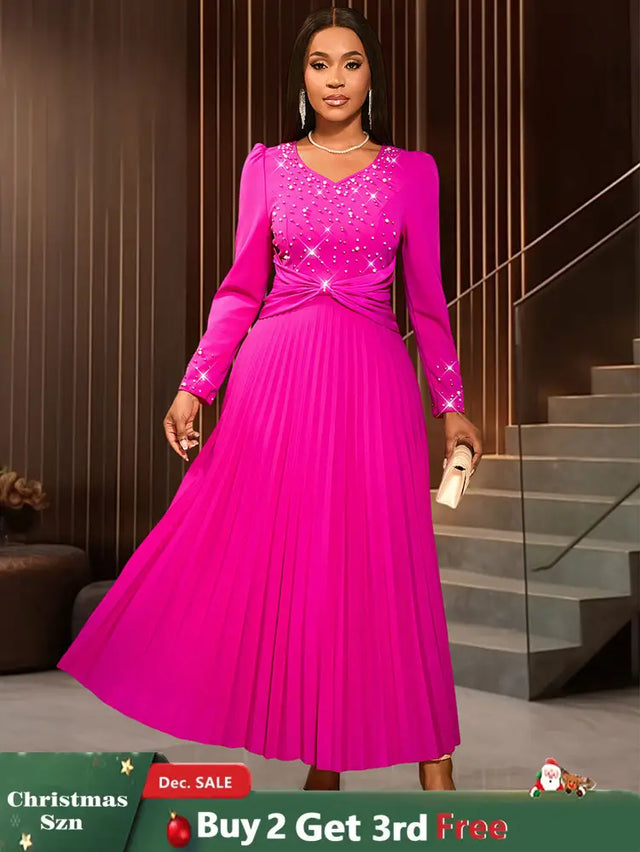 AOMEIDRESS Wedding Guests Dresses Long Sleeve Pleated Beading Outfits Pink / S