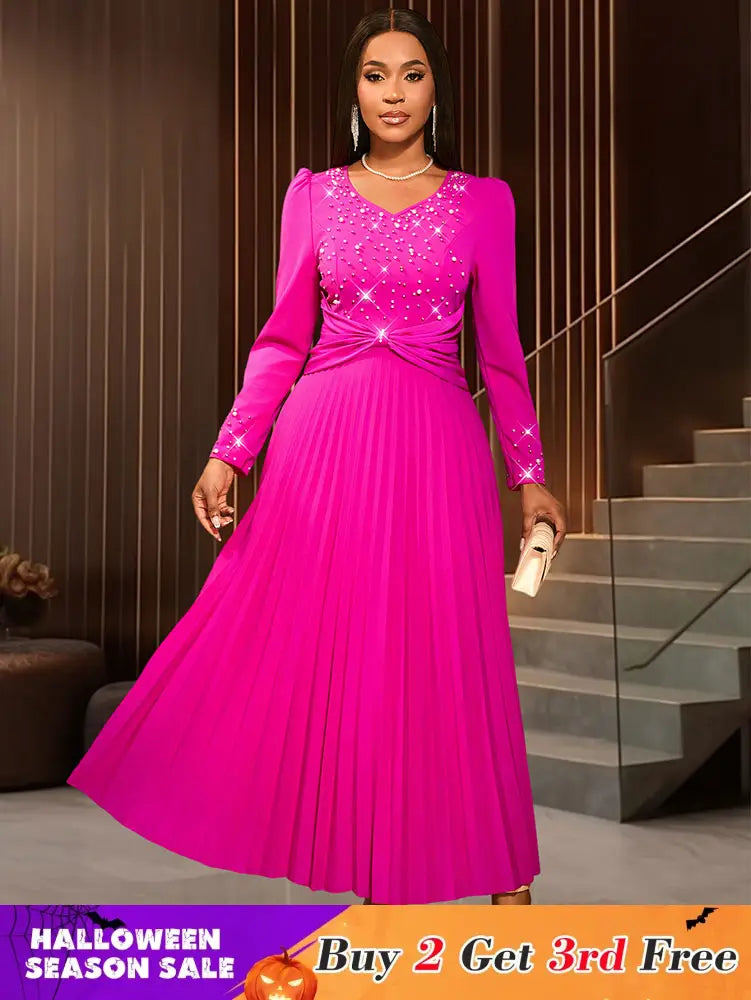 AOMEIDRESS Wedding Guests Dresses Long Sleeve Pleated Beading Outfits Pink / S