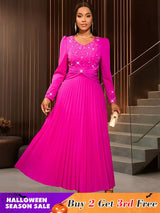 AOMEIDRESS Wedding Guests Dresses Long Sleeve Pleated Beading Outfits Pink / S
