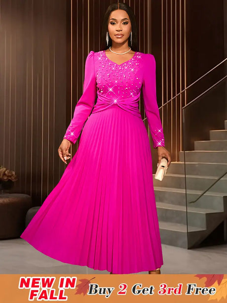 AOMEIDRESS Wedding Guests Dresses Long Sleeve Pleated Beading Outfits Pink / S