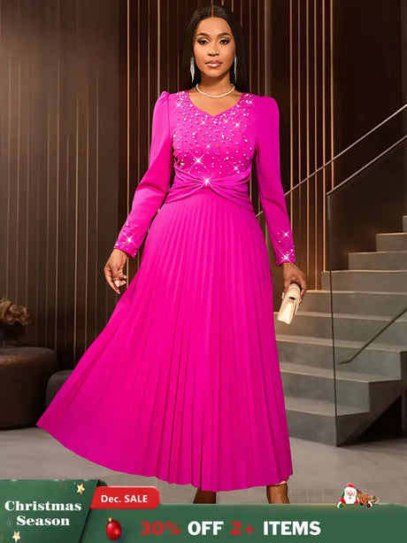 AOMEIDRESS Wedding Guests Dresses Long Sleeve Pleated Beading Outfits Pink / S