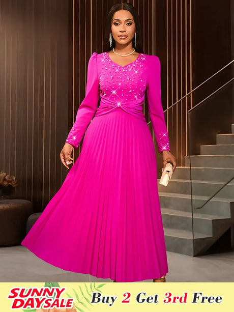 AOMEIDRESS Wedding Guests Dresses Long Sleeve Pleated Beading Outfits Pink / S