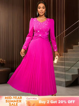 AOMEIDRESS Wedding Guests Dresses Long Sleeve Pleated Beading Outfits Pink / S