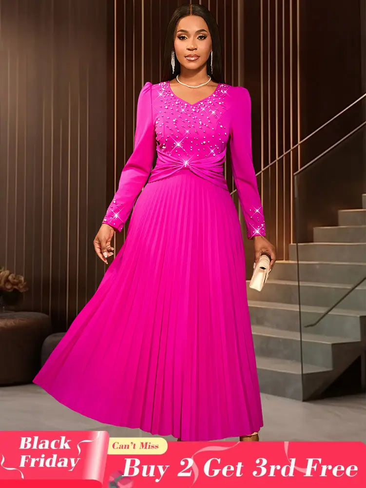 AOMEIDRESS Wedding Guests Dresses Long Sleeve Pleated Beading Outfits Pink / S