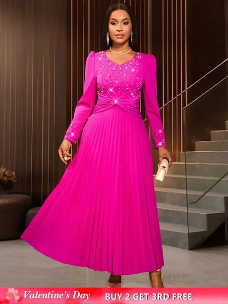 AOMEIDRESS Wedding Guests Dresses Long Sleeve Pleated Beading Outfits Pink / S