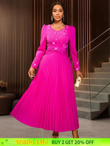 AOMEIDRESS Wedding Guests Dresses Long Sleeve Pleated Beading Outfits Pink / S