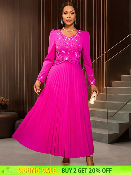 AOMEIDRESS Wedding Guests Dresses Long Sleeve Pleated Beading Outfits Pink / S