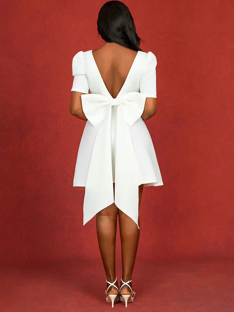 AOMEIDRESS Wedding Short White Dress Backless Bow A Line Mini Dress