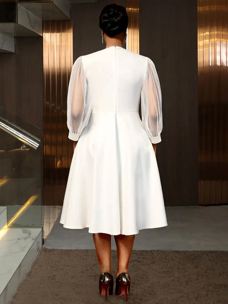 AOMEIDRESS White A Line Dress 3D Flower Long Sheer Sleeves Party Gown