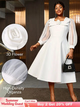 AOMEIDRESS White A Line Dress 3D Flower Long Sheer Sleeves Party Gown White / L