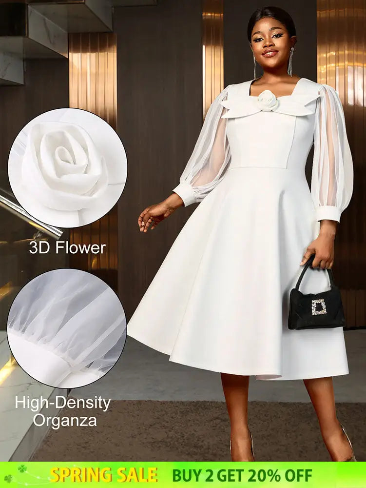 AOMEIDRESS White A Line Dress 3D Flower Long Sheer Sleeves Party Gown White / L