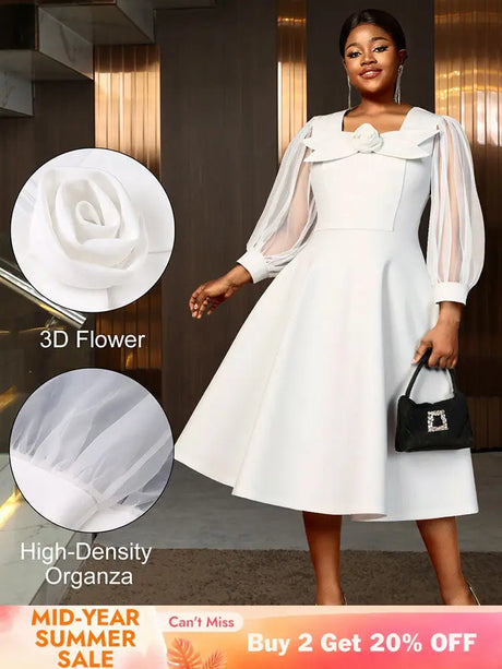 AOMEIDRESS White A Line Dress 3D Flower Long Sheer Sleeves Party Gown White / L