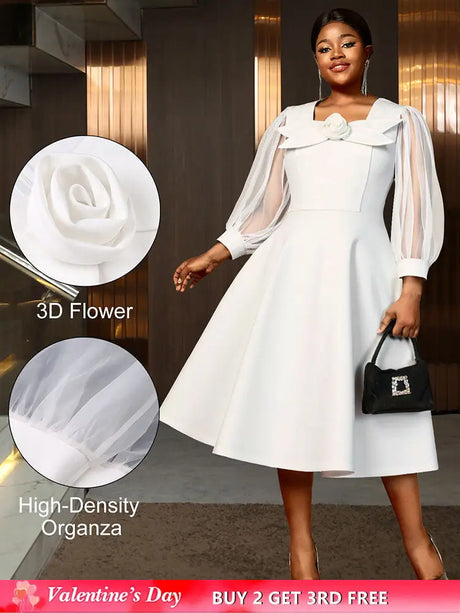 AOMEIDRESS White A Line Dress 3D Flower Long Sheer Sleeves Party Gown White / L