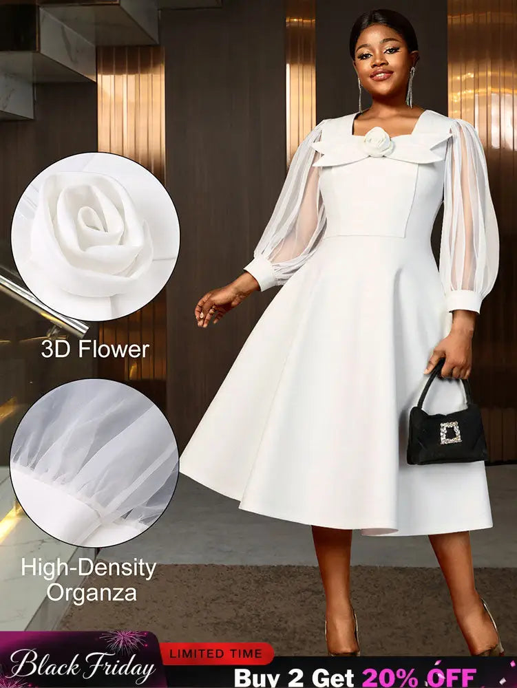 AOMEIDRESS White A Line Dress 3D Flower Long Sheer Sleeves Party Gown White / L