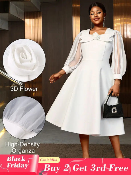 AOMEIDRESS White A Line Dress 3D Flower Long Sheer Sleeves Party Gown White / L