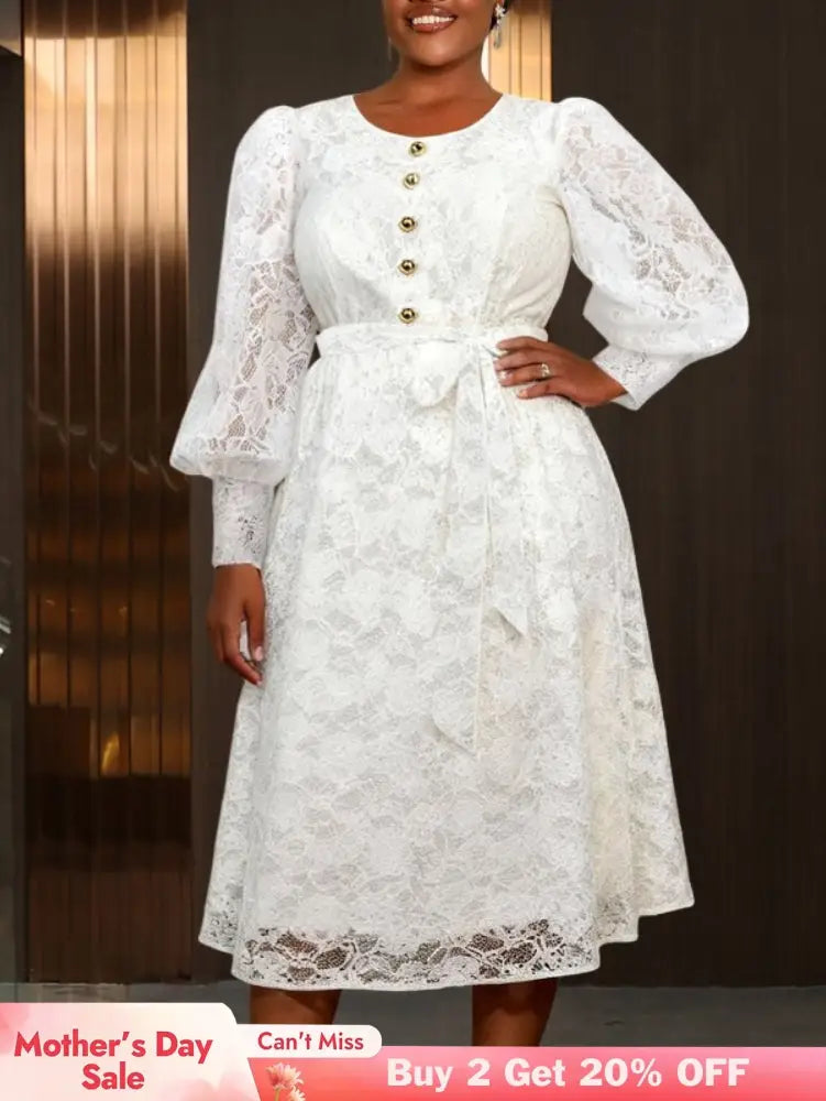 AOMEIDRESS White A Line Lace Dress O Neck Belt Church Party Gowns