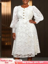 AOMEIDRESS White A Line Lace Dress O Neck Belt Church Party Gowns