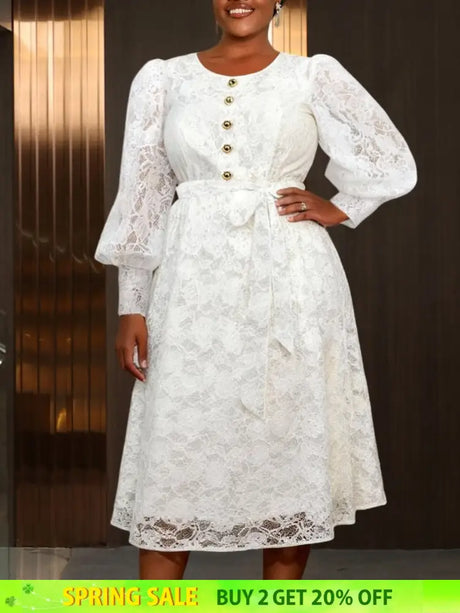 AOMEIDRESS White A Line Lace Dress O Neck Belt Church Party Gowns