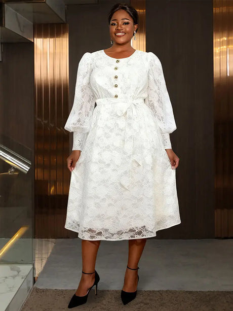 AOMEIDRESS White A Line Lace Dress O Neck Belt Church Party Gowns - White / L