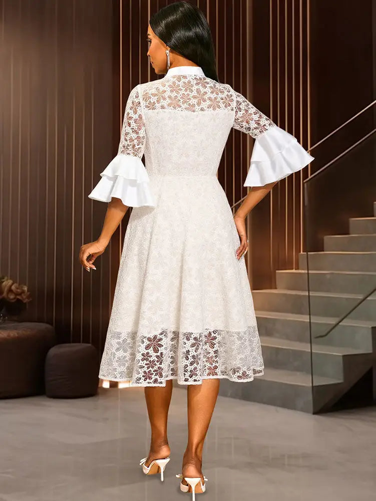 AOMEIDRESS White A Line Lace Dress with Stand Collar Flare Sleeves