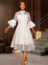 AOMEIDRESS White A Line Lace Dress with Stand Collar Flare Sleeves