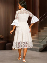 AOMEIDRESS White A Line Lace Dress with Stand Collar Flare Sleeves