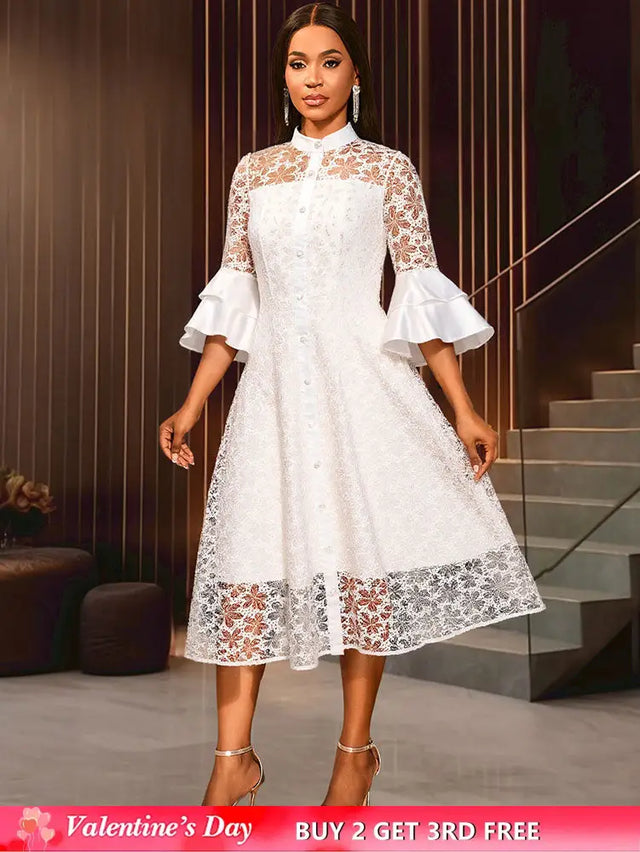 AOMEIDRESS White A Line Lace Dress with Stand Collar Flare Sleeves White / S