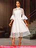 AOMEIDRESS White A Line Lace Dress with Stand Collar Flare Sleeves White / S